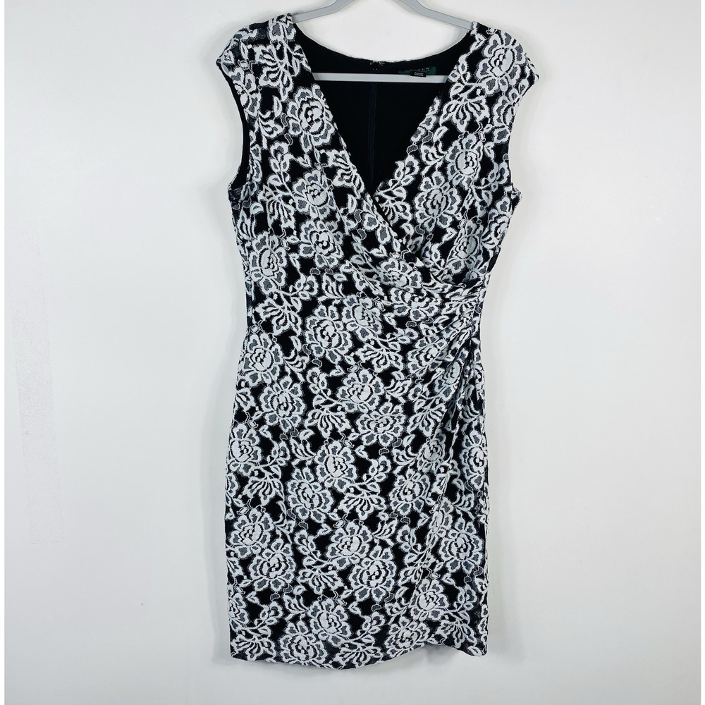Lauren Ralph Lauren Size 12 Floral Lace Surplice Dress Black White Party Event